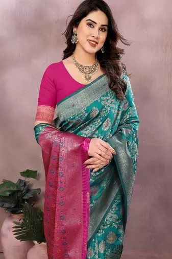 Woven design saree with zari border & unstitched blouse