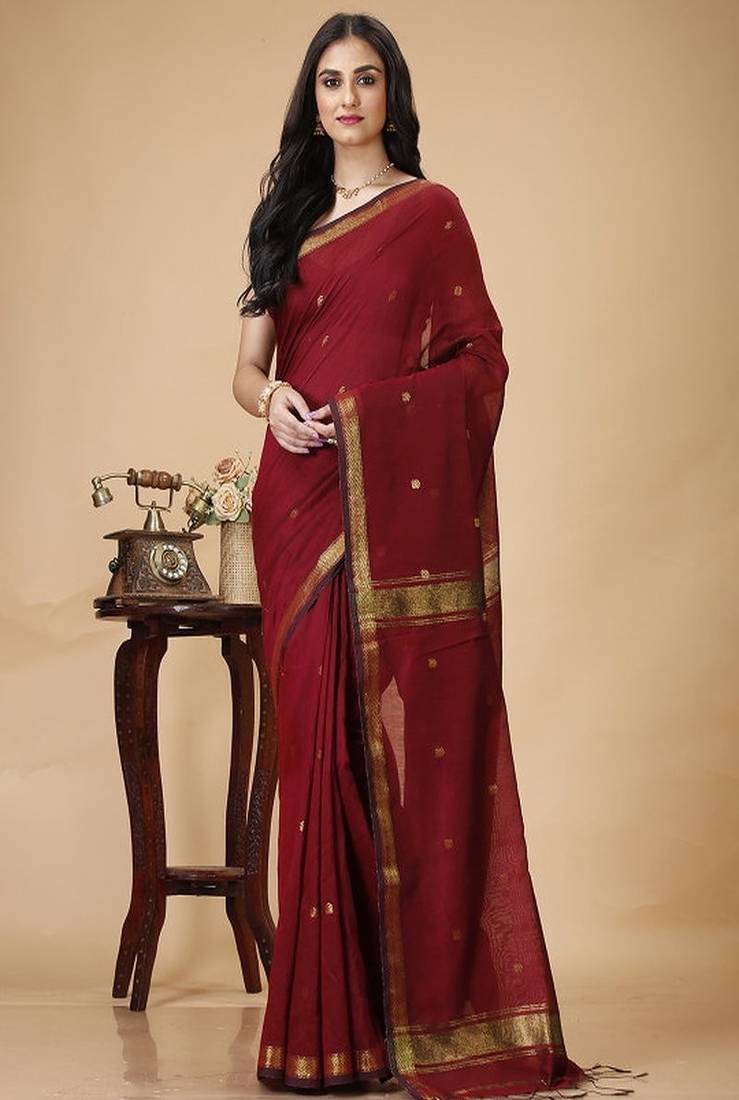 Woven design zari silk cotton taant saree