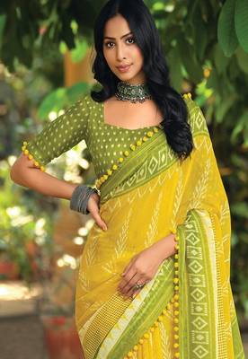 Yellow ethnic motifs printed ikat saree 2