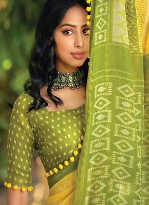 Yellow ethnic motifs printed ikat saree 3