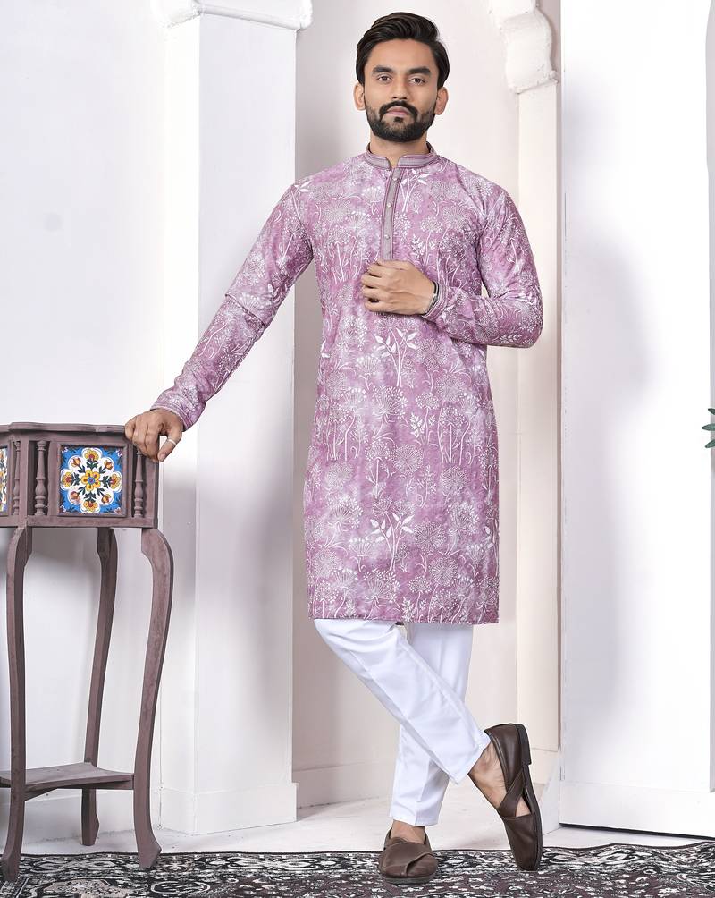 lavender cotton kurta set with lucknowi print work