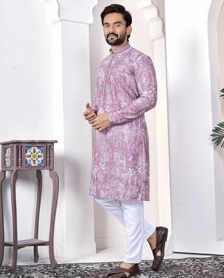 lavender cotton kurta set with lucknowi print work 2