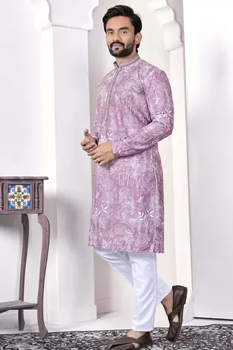 lavender cotton kurta set with lucknowi print work