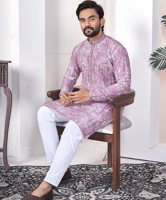 lavender cotton kurta set with lucknowi print work 4