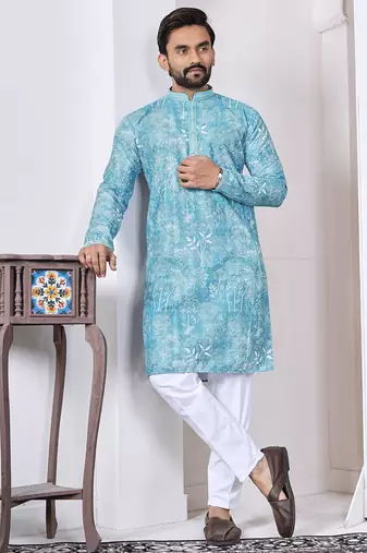 sky blue cotton kurta set with lucknowi print work