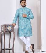 sky blue cotton kurta set with lucknowi print work