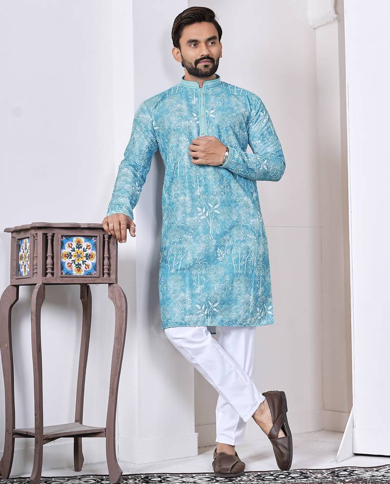 sky blue cotton kurta set with lucknowi print work
