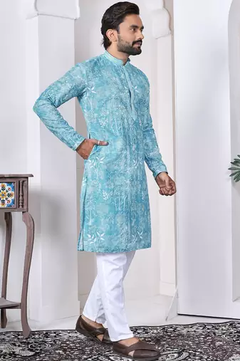 sky blue cotton kurta set with lucknowi print work