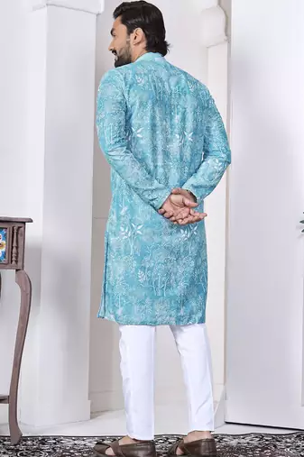 sky blue cotton kurta set with lucknowi print work