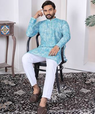 sky blue cotton kurta set with lucknowi print work 5