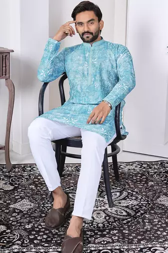 sky blue cotton kurta set with lucknowi print work