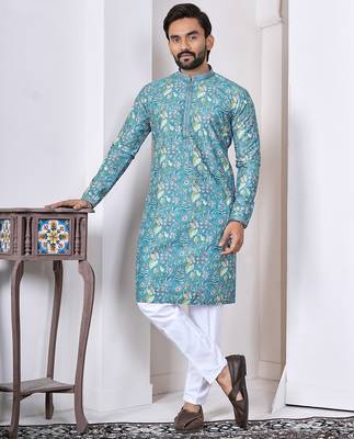 blue cotton kurta set with lucknowi print work 1