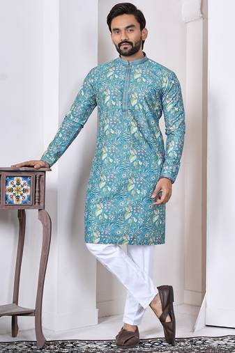 blue cotton kurta set with lucknowi print work