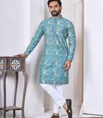 blue cotton kurta set with lucknowi print work
