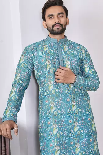 blue cotton kurta set with lucknowi print work
