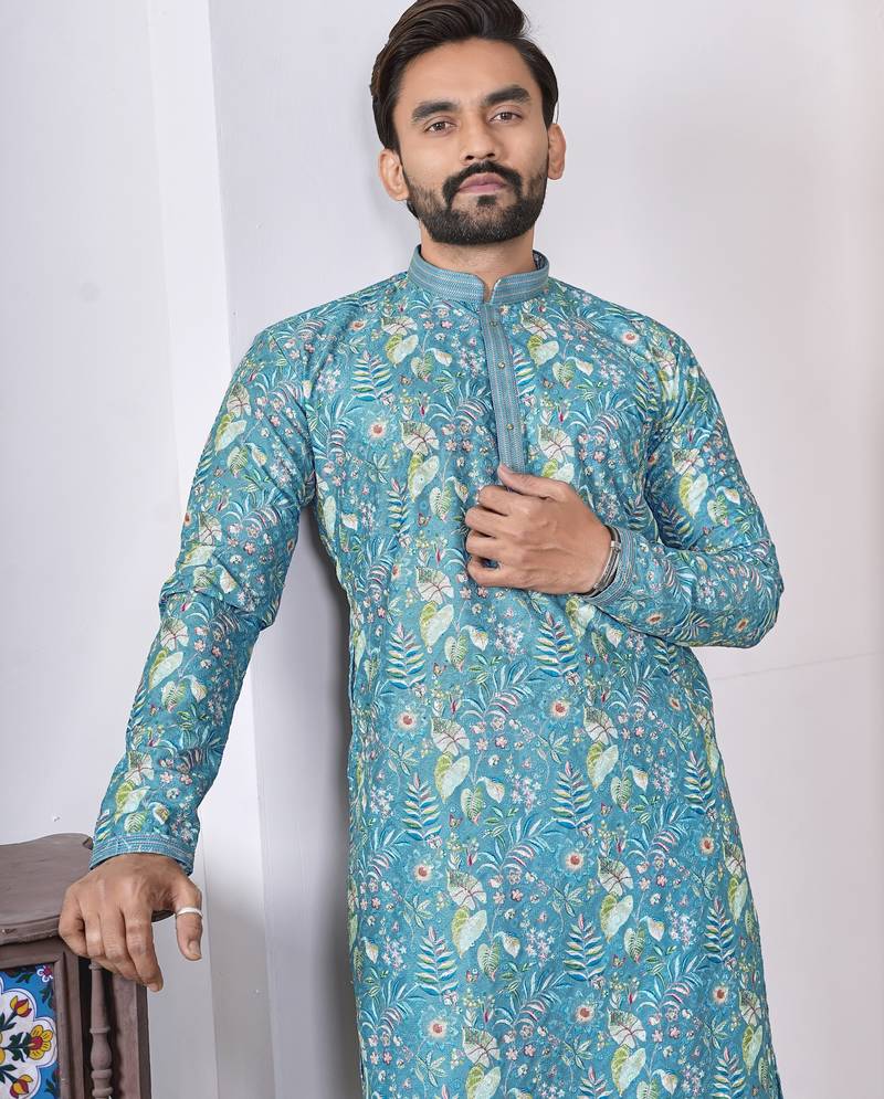 blue cotton kurta set with lucknowi print work
