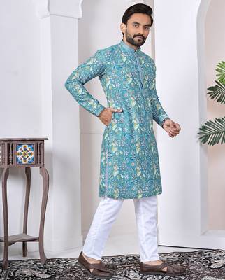 blue cotton kurta set with lucknowi print work 3
