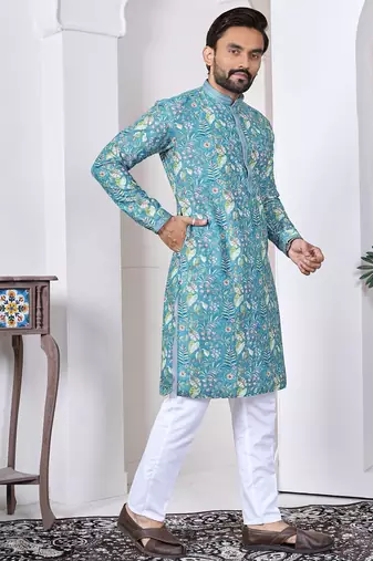 blue cotton kurta set with lucknowi print work