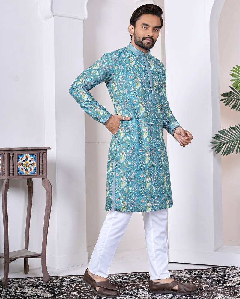 blue cotton kurta set with lucknowi print work