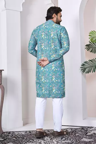 blue cotton kurta set with lucknowi print work