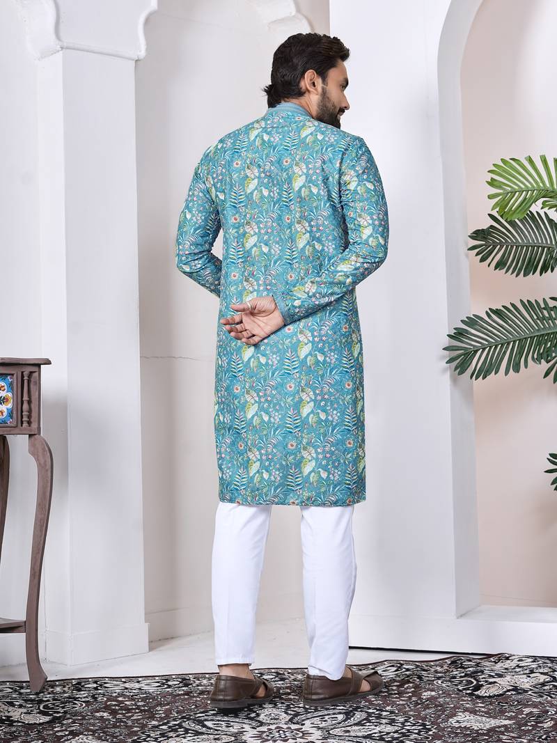 blue cotton kurta set with lucknowi print work