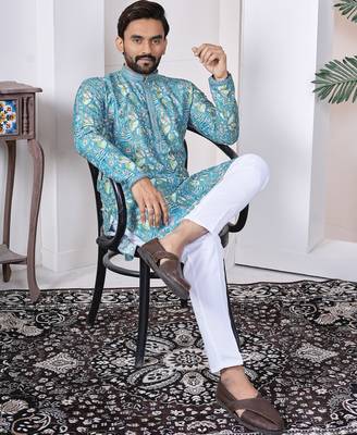 blue cotton kurta set with lucknowi print work 5