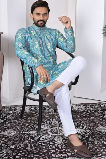 blue cotton kurta set with lucknowi print work