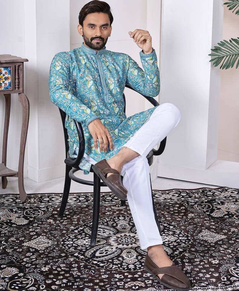 blue cotton kurta set with lucknowi print work