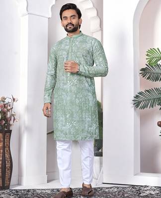 light green cotton kurta pajama set with lucknowi work 1
