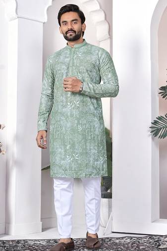 light green cotton kurta pajama set with lucknowi work