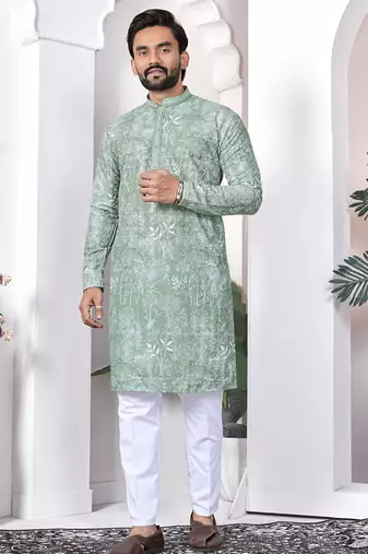 light green cotton kurta pajama set with lucknowi work