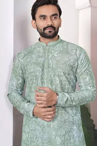 light green cotton kurta pajama set with lucknowi work