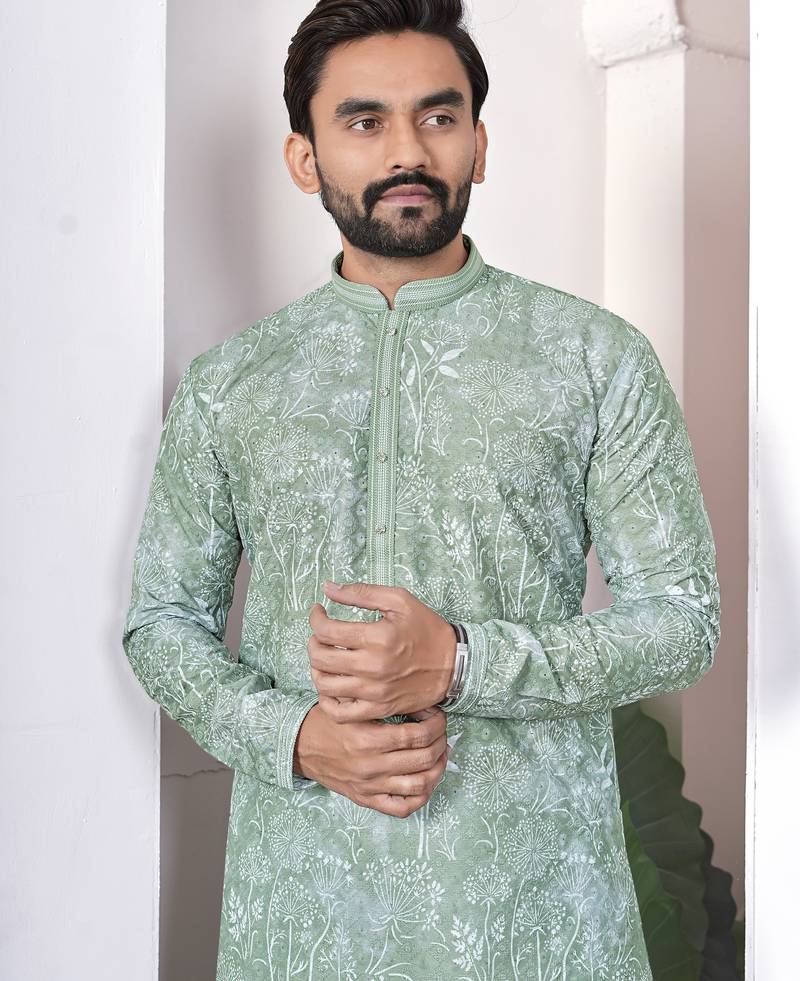 light green cotton kurta pajama set with lucknowi work