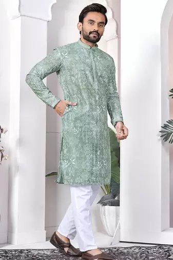 light green cotton kurta pajama set with lucknowi work