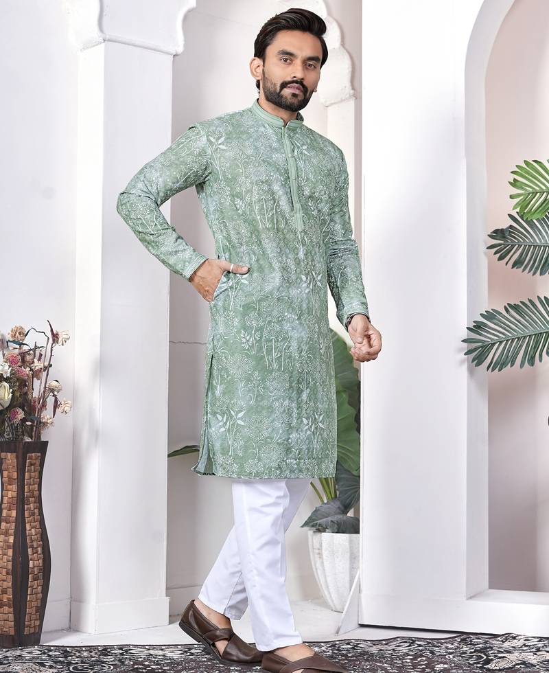 light green cotton kurta pajama set with lucknowi work
