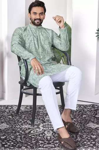 light green cotton kurta pajama set with lucknowi work