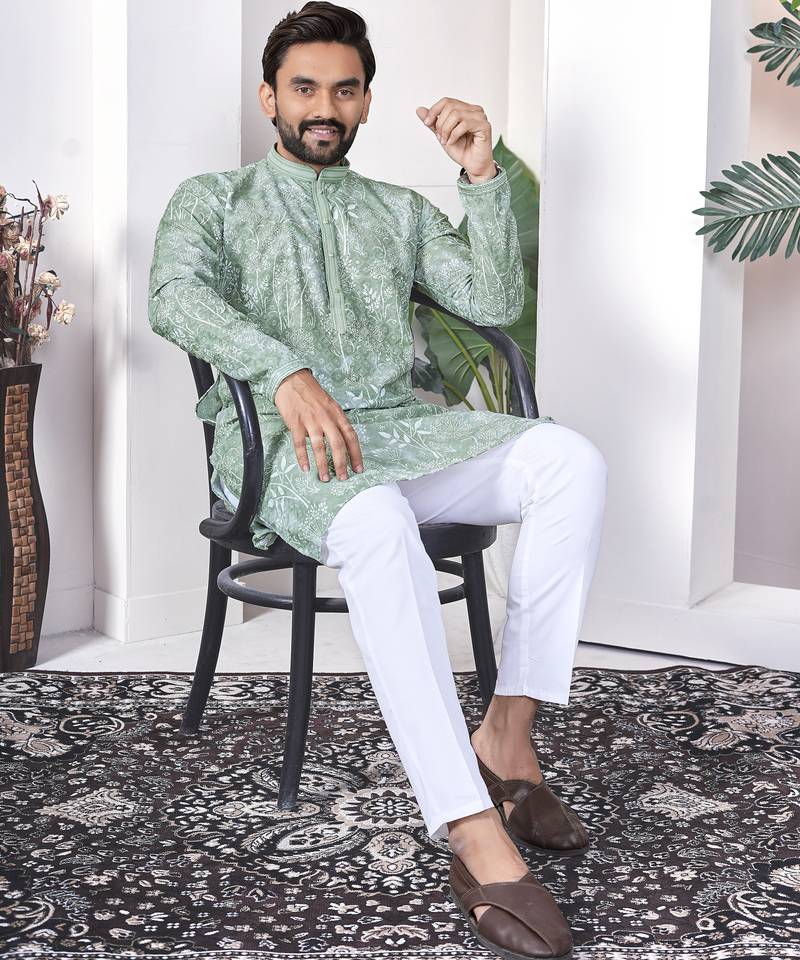 light green cotton kurta pajama set with lucknowi work