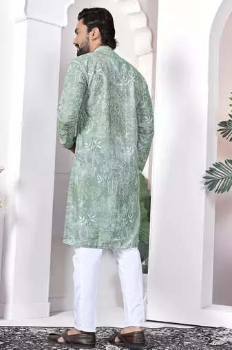 light green cotton kurta pajama set with lucknowi work