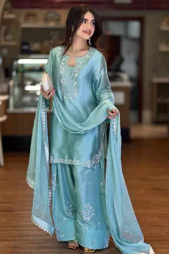 Sky blue designer roman silk kurta farshi palazzo set with embroidered organza dupatta