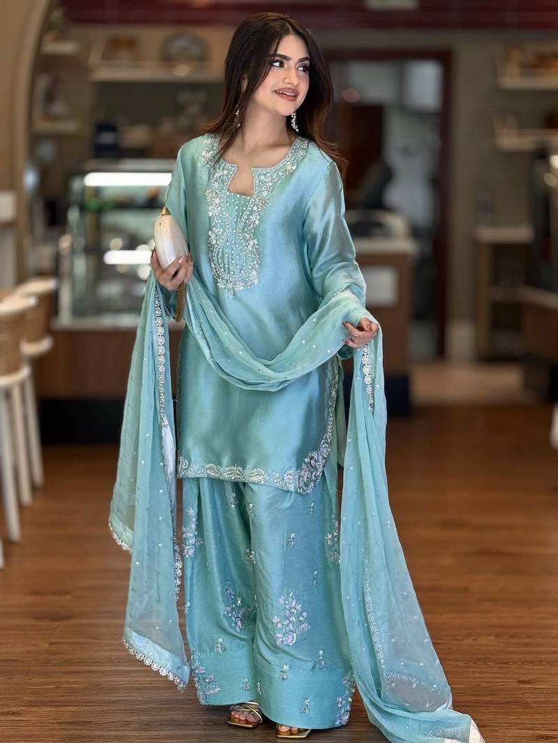 Sky blue designer roman silk kurta farshi palazzo set with embroidered organza dupatta