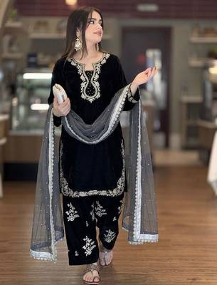 black silk blend kurta farshi palazzo set - embroidered work 1