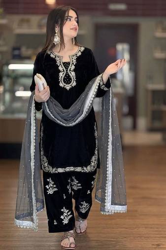 Black designer roman silk kurta farshi palazzo set with embroidered organza dupatta