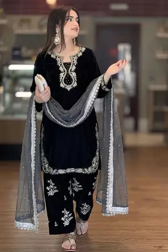 Black designer roman silk kurta farshi palazzo set with embroidered organza dupatta