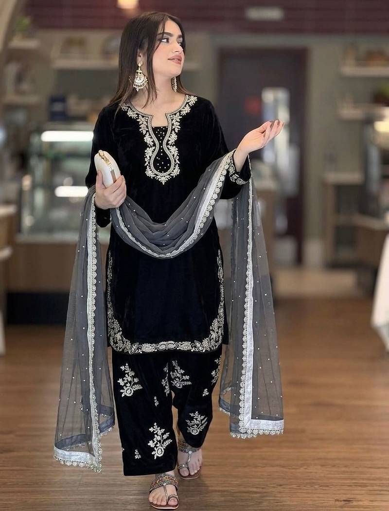 Black designer roman silk kurta farshi palazzo set with embroidered organza dupatta