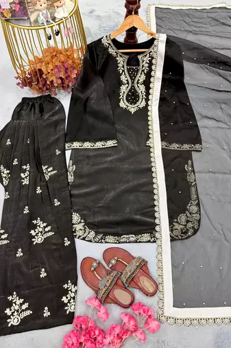 black silk blend kurta farshi palazzo set - embroidered work