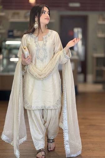 Cream designer roman silk kurta farshi palazzo set with embroidered organza dupatta