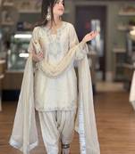 cream silk blend kurta palazzo set with embroidery