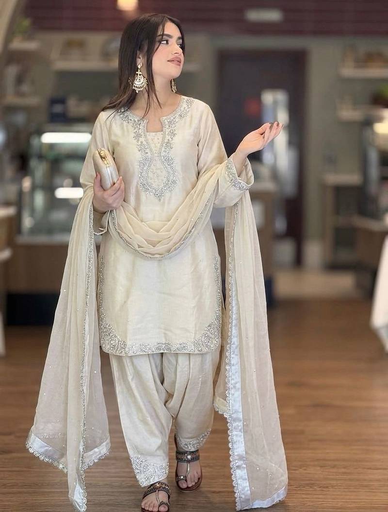 Cream designer roman silk kurta farshi palazzo set with embroidered organza dupatta