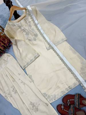 cream silk blend kurta palazzo set with embroidery 2