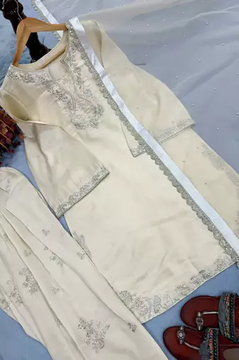 cream silk blend kurta palazzo set with embroidery
